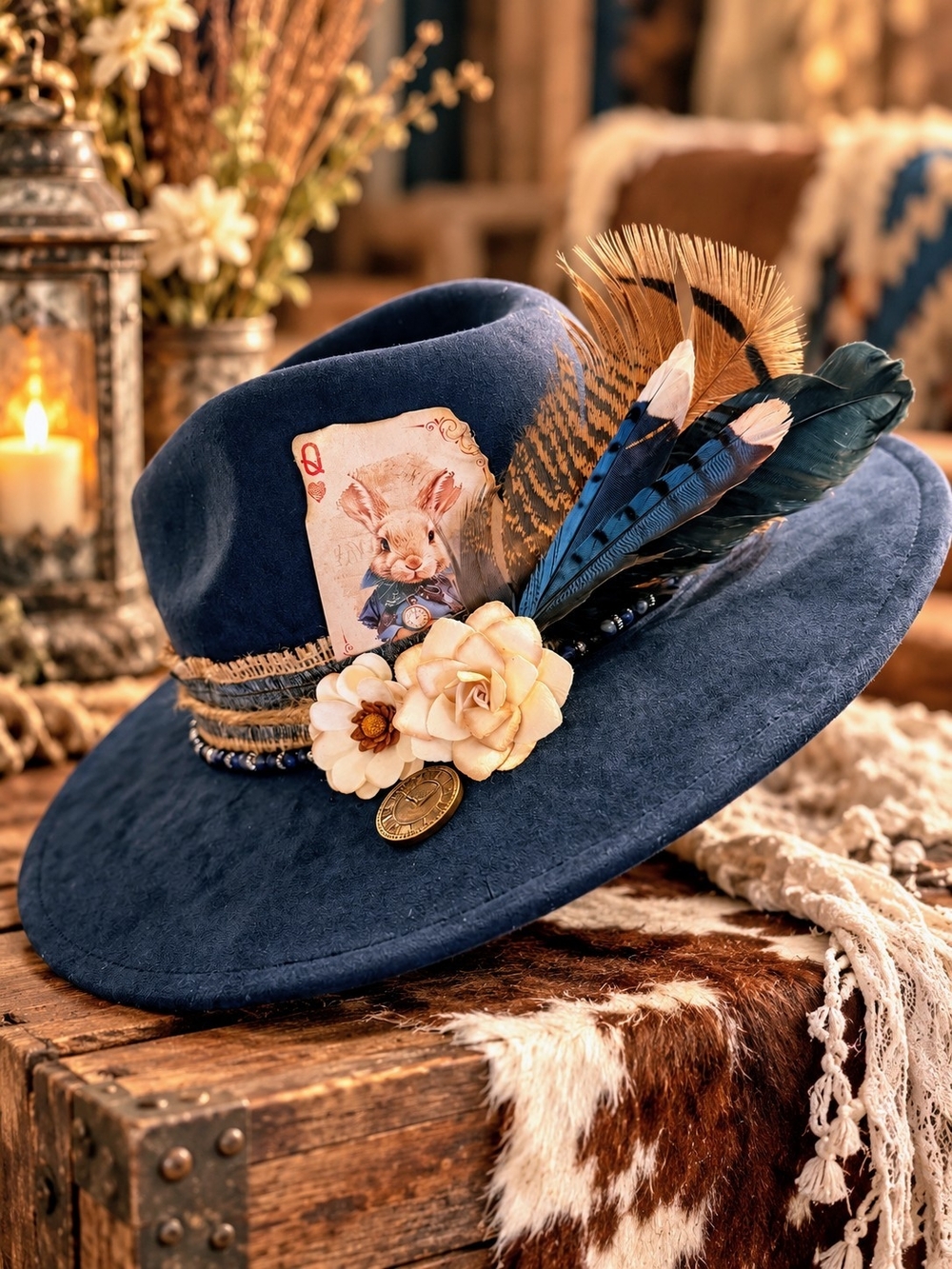 Navy Blue Feather & Flower Embellished Fedora Hat